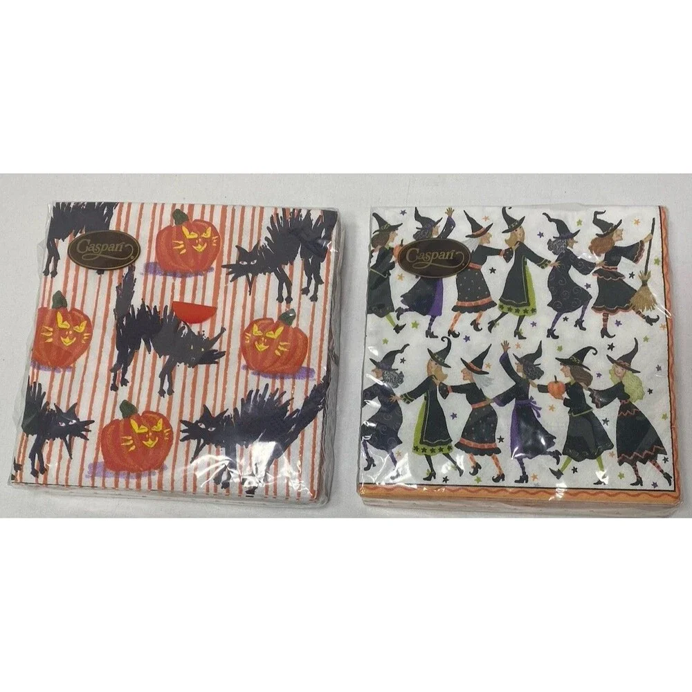 Decoupage Paper Napkin 2pks Caspari Halloween Witch Cat Pumpkin Mint